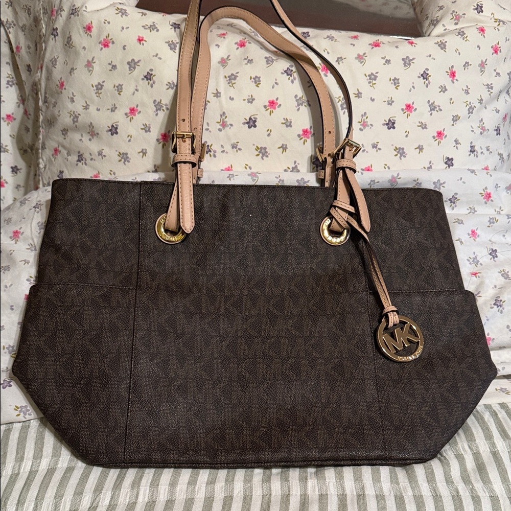 Michael Kors Dark Brown Tote with Beige Straps and Gold Hardware